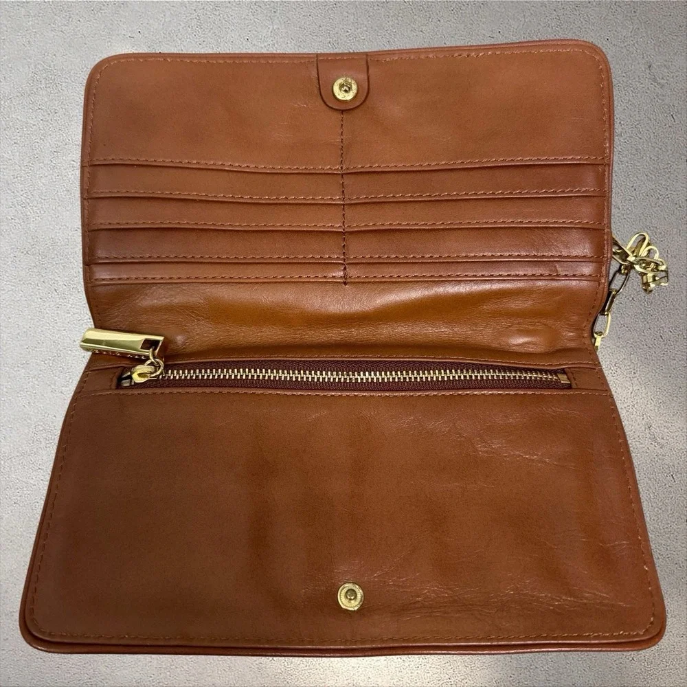 Tory‎ Burch Embossed Chain Wallet Crossbody Bag Brown Leather Logo Purse